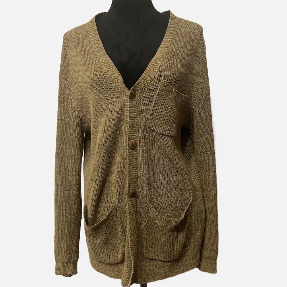 Ralph Lauren Rugby Sweater Cardigan Men’s Medium Linen Blend Brown Pockets